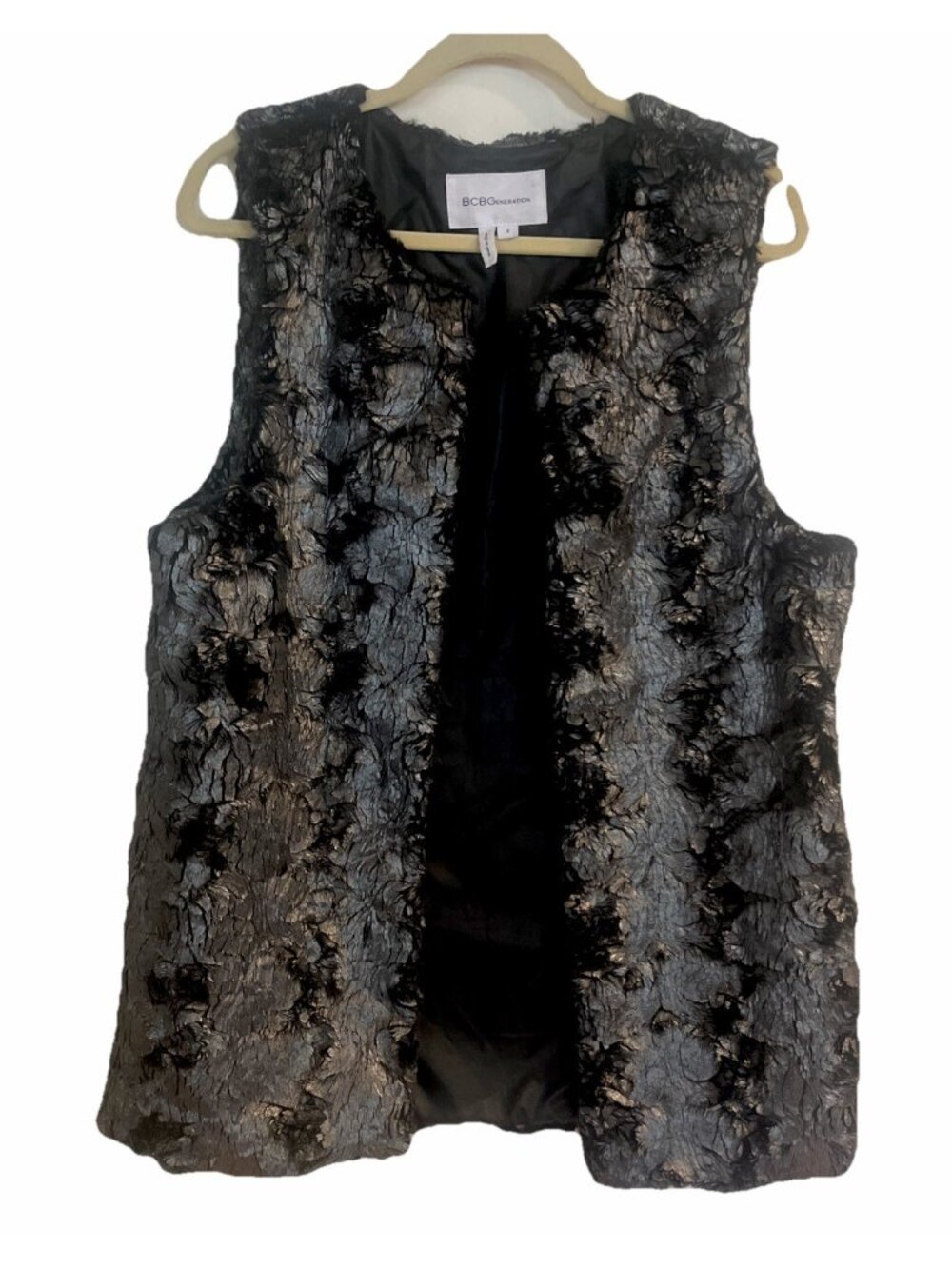 BCBGeneration BCBG Long Faux Fur Vest Silver Black Metallic Size S Open Front